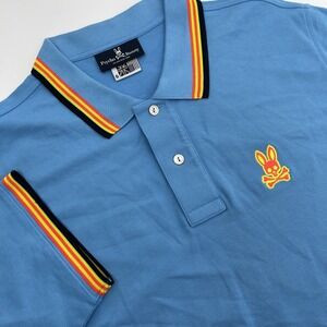 Psycho Bunny Polo Shirt Men 6(LG) Blue Tipped Collar Pique Skull Logo PimaCotton